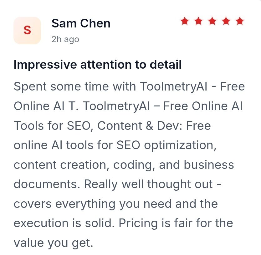 ToolmetryAI's tweet photo. 🚀 New review for ToolmetryAl

"Impressive attention to detail. Well thought out - covers everything you need and execution is solid."

Building 120+ free Al, SEO &amp; dev tools isn't easy, but feedback like this keeps us going.

Try it: https://t.co/B6EbWpllhz https://t.co/gLFPAaONhv