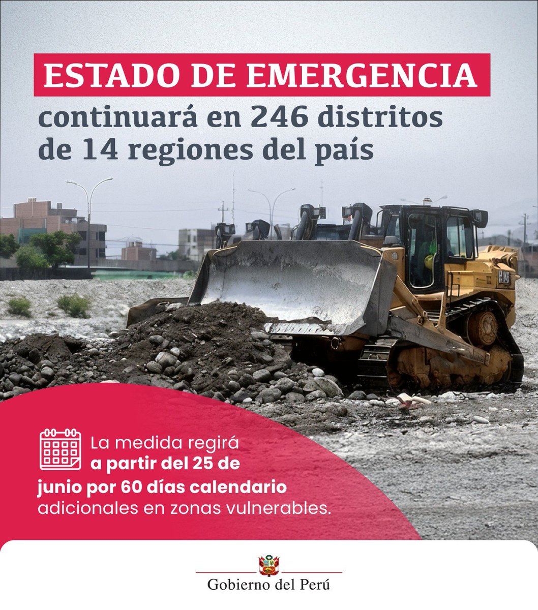 GobiernoPeru_'s tweet photo. 🌧️🇵🇪 🇵🇪 Para proteger a la población y reducir los riesgos por lluvias intensas, el Ejecutivo prorrogó por 60 días el estado de emergencia en 246 distritos de 14 regiones del país. https://t.co/krxMHgmXHa