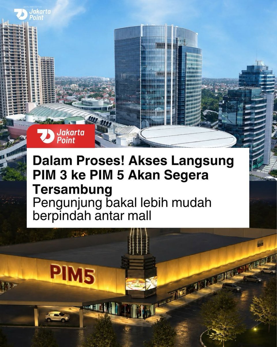 txtdrjkt's tweet photo. Kabar baik buat pengunjung PIM!

Jembatan penghubung antara PIM 3 dan PIM 5 kini sedang dibangun.

 Nantinya, pengunjung bisa berpindah antar gedung dengan lebih cepat dan nyaman tanpa harus memutar area mal.

Berdasarkan informasi yang beredar, proyek ini ditargetkan selesai dalam waktu sekitar 3–4 bulan.
