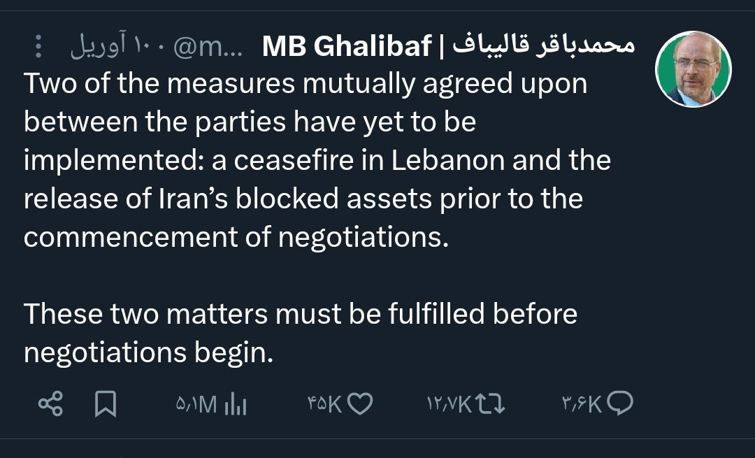 maghsoudi61's tweet photo. آقای #قالیباف عزیز!
این سه توییت ۷۰ روز گذشته خود را با هم مقایسه کنید.
#علی‌الاصول، آتش‌بس در لبنان پیش‌شرط آغاز مذاکرات اسلام‌آباد شما بود.
از آن پیش‌شرط مذاکرات پس از اشغال ۲۰ درصد لبنان در طول مذاکرات، رسیده‌اید به جایی که اگر به سوییس نمی‌رفتیم، هر لحظه خون بیشتری می‌ریختند! https://t.co/yKnGCIulOC