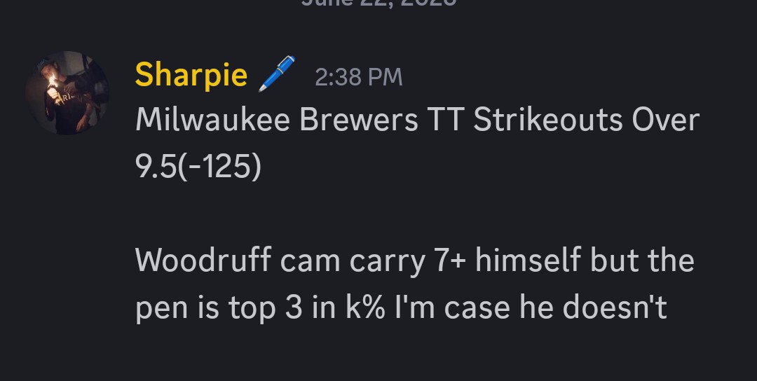 SharpiesBets's tweet photo. Easiest FKN money on the Board today #TeamSharpie 

Brewers TT Strikeouts
O9.5(-125) 💰 #ThisIsMyCrew 

Woody put up the 10 himself 😂😂😂 #FTB #Gambling𝕏 https://t.co/yFJIl3ie8j