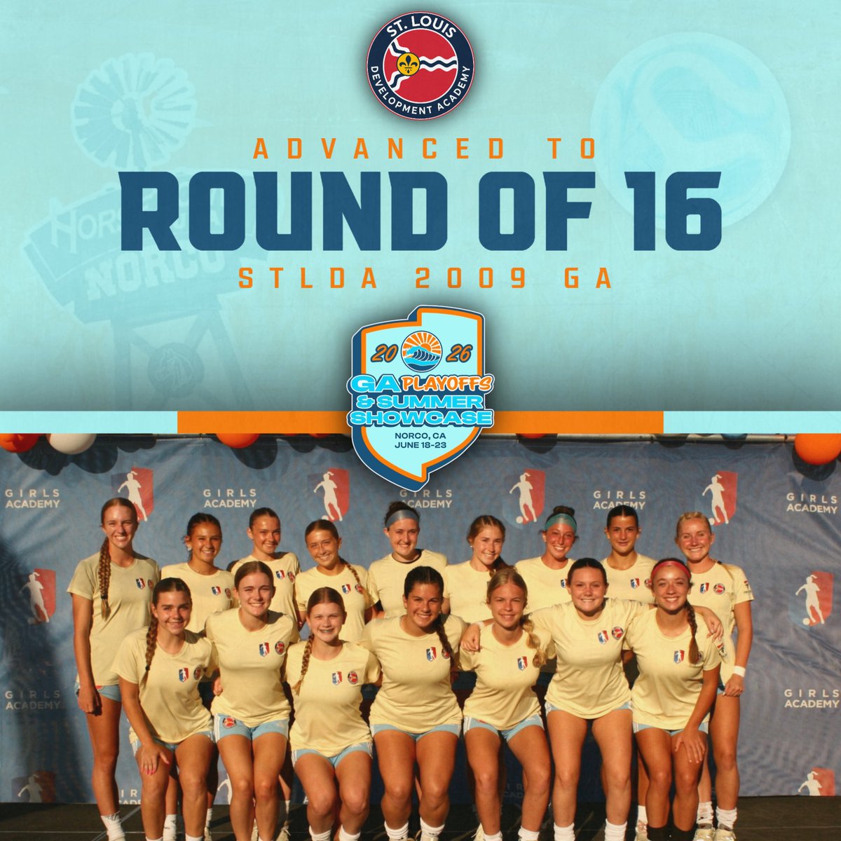 STLDASoccer's tweet photo. ROUND OF 16 BOUND! 😤⚽️

Huge congratulations to our 2009 GA squad for punching their ticket to the Round of 16 at the 2026 Girls Academy Playoffs in Norco, CA! The hard work is paying off. Let’s keep this momentum rolling!

#StlouisDA | #GAPlayoffs https://t.co/snIr4N7YMR