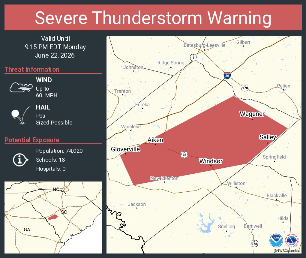 NWSColumbia's tweet photo. Severe Thunderstorm Warning including Aiken SC, Gloverville SC and  Langley SC until 9:15 PM EDT https://t.co/8s7tZxxZfW