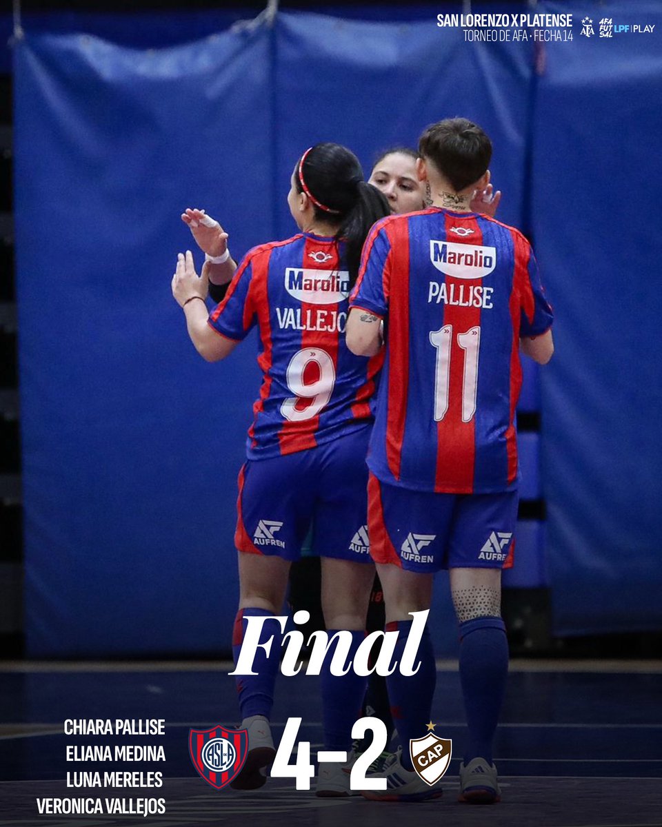 caslafutsalfem's tweet photo. ¡TRIUNFAZO, SANTITAS! 💪

Con goles de Chiara Pallise, Eliana Medina, Luna Mereles y Verónica Vallejos, #SanLorenzo le ganó 4-2 a Platense, en Boedo, por la fecha 1️⃣4️⃣ del Torneo de AFA.

💙❤️👊 ¡Seguimos! https://t.co/qqhT4abh7T