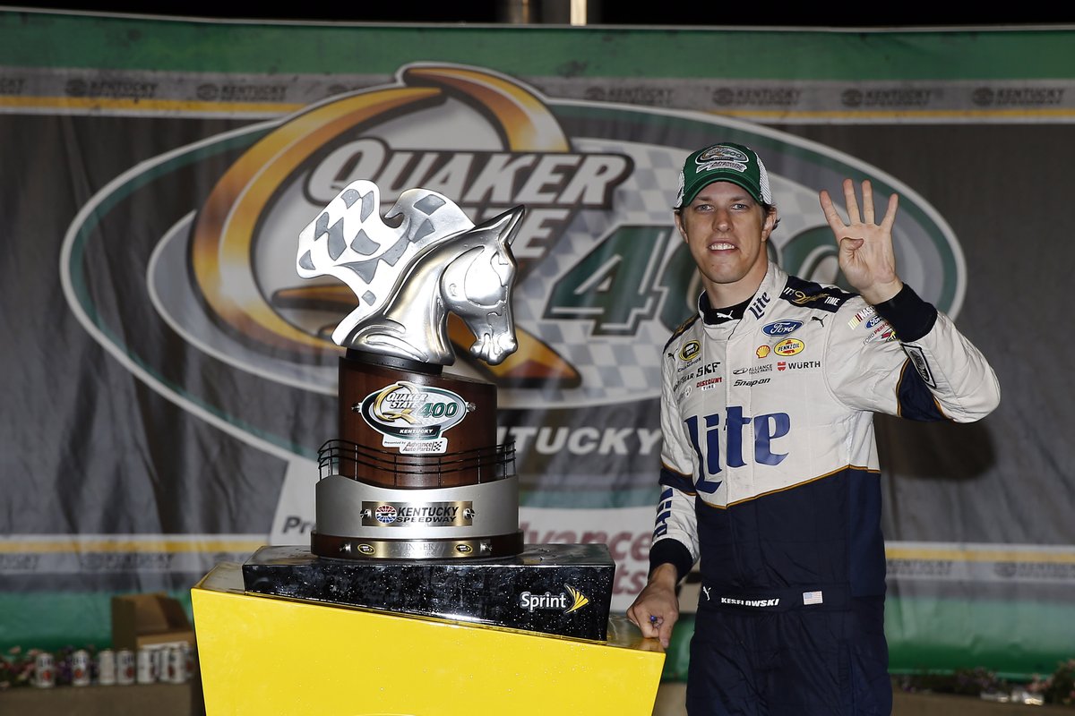 QuakerState's tweet photo. Fuel mileage. Late-race drama. A three-peat in Kentucky.

The 2016 #QuakerState400 came down to the very last lap as Brad Keselowski stretched the fuel tank just far enough to hold off Carl Edwards and capture his third win at Kentucky. ⛽️😮‍💨 https://t.co/IjeKbnnsIW