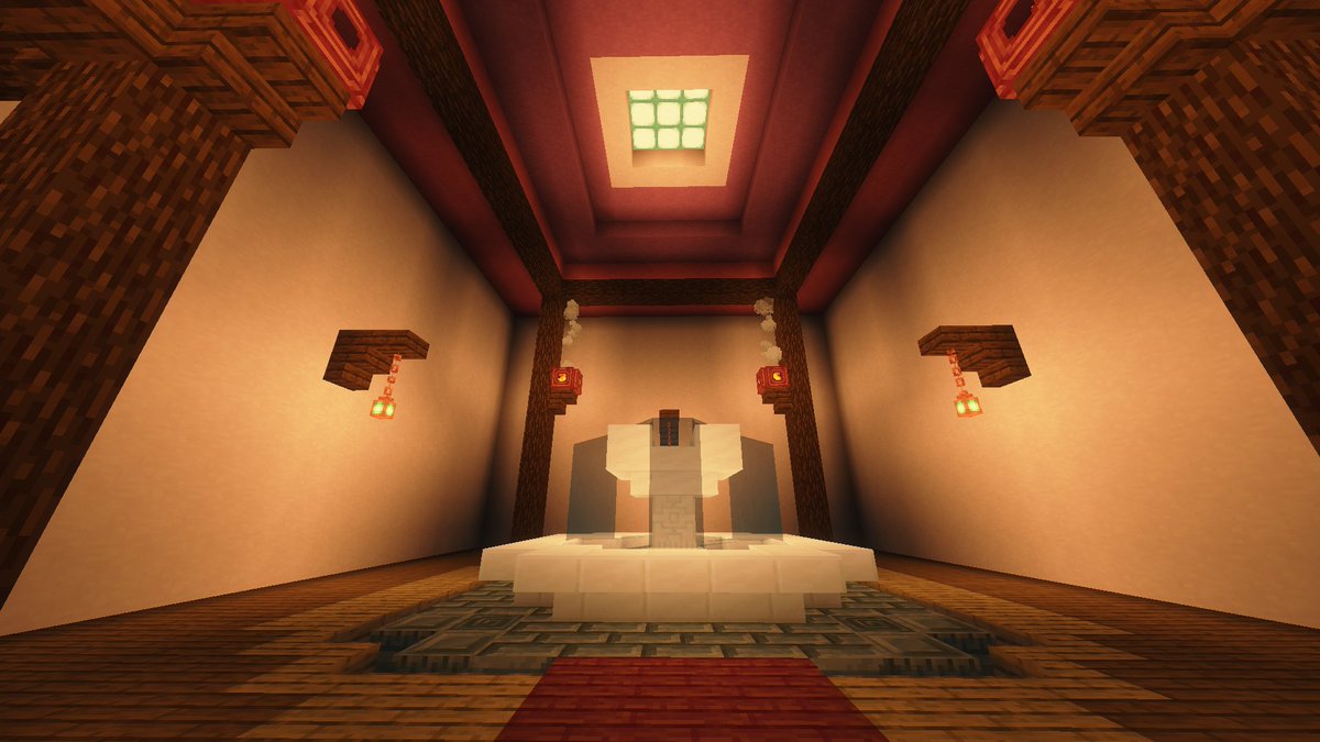 Uradamus's tweet photo. @Nitya_Nil Was having fun messing around in creative, so tried an idea out for a fountain too. Used a mix of tuff and quartz in various styles on it, along with some sea lanterns and water-logged stairs around the edge of the stone. And tried out an idea for some copper hanging lanterns. https://t.co/aRdTNWjZXU