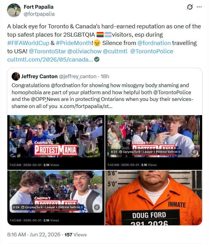 fortpapalia's tweet photo. @douglasdowney @fordnation Please explain which community spirit your volunteers were celebrating with misogynistic & homophobic taunts & slurs at #FordFest attendees??๐ #onpoli #GTA #Toronto #PrideMonth๐ณ๏ธโ๐๐ณ๏ธโโง๏ธ https://t.co/zuhM1dmoMU