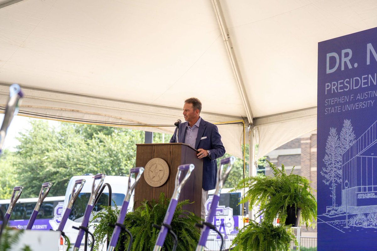 SFASU_President's tweet photo. What a special day for SFA and all of East Texas.

We are incredibly grateful for the generosity and vision of Ashley and Greg Arnold. Their investment will create opportunities for students, strengthen our region and leave a lasting impact for generations to come.

#AxeEm https://t.co/mtbFeOvduq