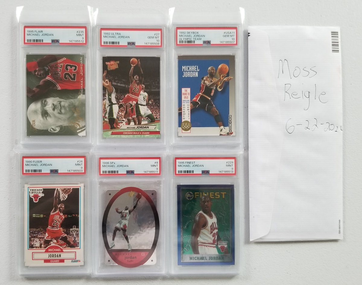 ReiglesMintColl's tweet photo. @cardboardbst 1990 Fleer Michael Jordan (PSA 9) $65
1992 Skybox Olympic Michael Jordan (PSA 10) $370
1992 Ultra Michael Jordan (PSA 10) $450
1995 Flair Michael Jordan (PSA 9) $125
1995 Finest Michael Jordan (PSA 9) $300
1996 Spx Michael Jordan (PSA 9) $250 https://t.co/0j8XO80cH5
