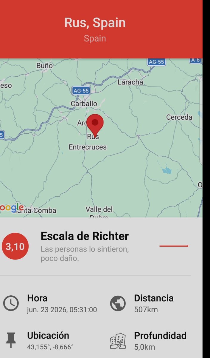 EnsancheMeteo's tweet photo. Ocurrió un terremoto 3.1 cerca de Rus, Spain..
Day 23 junio
⌚5:34 𝚑.
#terremoto #earthquake #tremblement #terramoto #QuakeSpain https://t.co/Y6gTrAlx5T