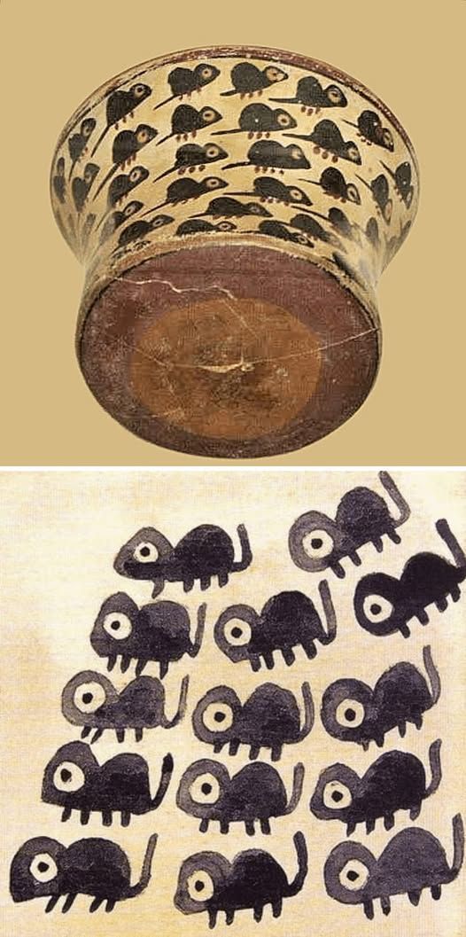 archaeologyart's tweet photo. A ceramic bowl depicting a swarm of mice. From Peru, Nazca culture, 180 BC-500 AD, now housed at the Art Institute of Chicago https://t.co/gDZgmraJbN
