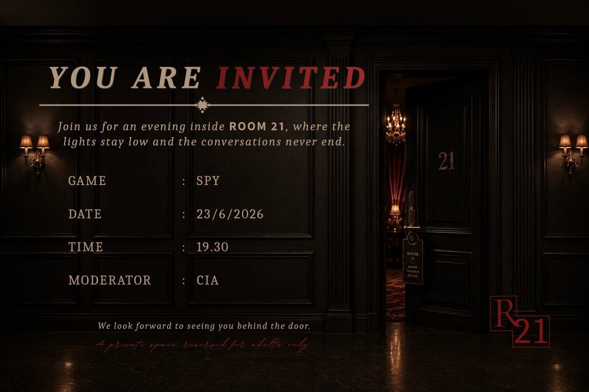 AMBERLYr21's tweet photo. ⠀⠀
⠀⠀
𝗥𝗢𝗢𝗠 𝟮𝟭 has something waiting for you.

🎲 Spy
🗓️ June 23th, 2026
⏰ 19.30 WIB
🚪 Hosted by Cia

𝘒𝘪𝘯𝘥𝘭𝘺 𝘳𝘦𝘱𝘰𝘴𝘵 𝘵𝘩𝘪𝘴 𝘯𝘰𝘵𝘪𝘤𝘦
𝘵𝘰 𝘫𝘰𝘪𝘯 𝘵𝘩𝘦 𝘨𝘢𝘮𝘦.
⠀⠀
⠀⠀ https://t.co/im2hDgd4bQ