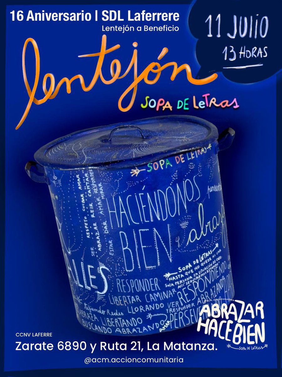 acm_ccnv's tweet photo. LENTEJÓN A BENEFICIO DE Sopa De Letras Laferrere, La Matanza. 

https://t.co/W5Q4kbdf6W https://t.co/BtRpinLQ2a