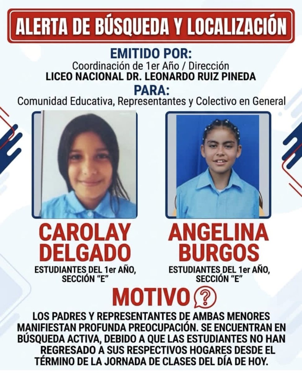 roshernandez's tweet photo. #Alerta Se encuentran desaparecidas las niñas Carolay Delgado y Angelina Burgos. Estudiantes del Liceo Nacional Dr. Leonardo Ruiz Pineda.
Sus familias agradecen cualquier información que permita dar con su paradero: 0414-1203358 0412-1031419
Vía @lanacionweb https://t.co/lCBqNe6NNz
