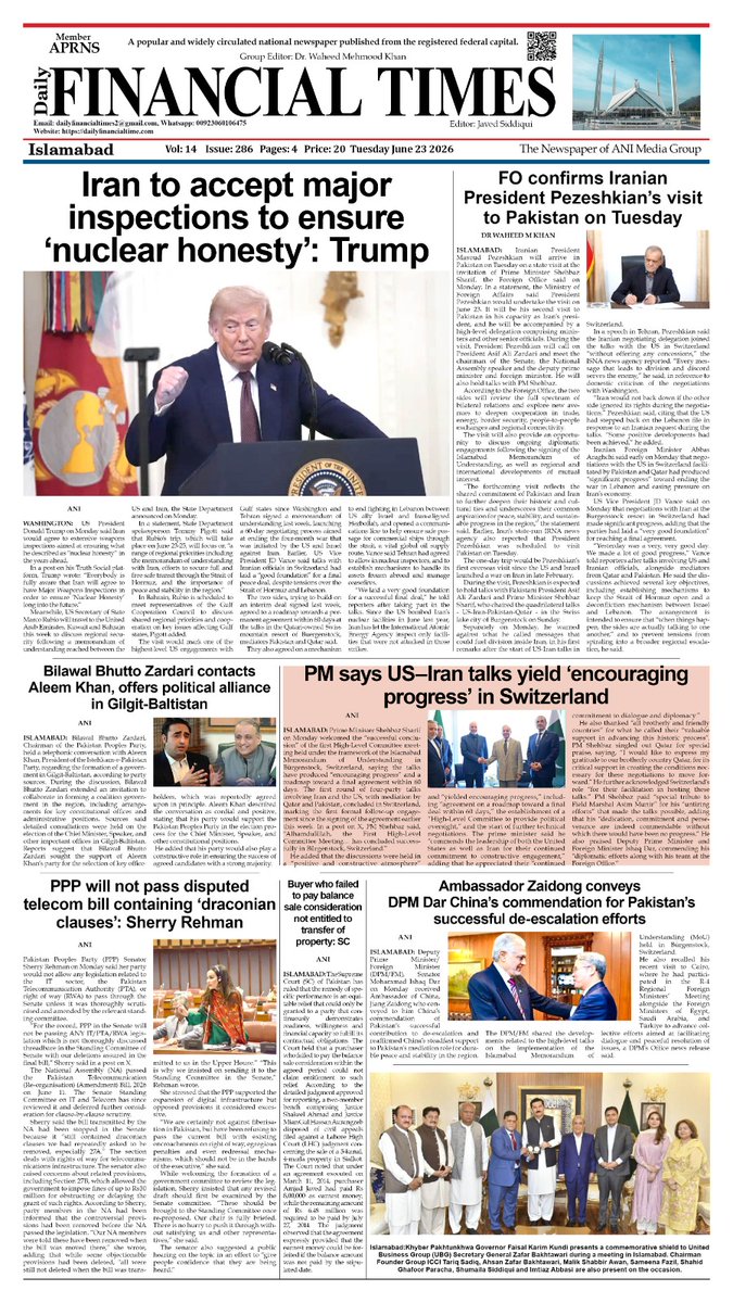 Dailyfinan32654's tweet photo. FINANCIAL TIMES Tuesday 23rd June 2026 ! Latest News | Breaking News #latetsnews #eadlines @ForeignOfficePk @ChinaDaily @CMShehbaz @GovtofPunjabPK @MIshaqDar50 @TararAttaullah @NAofPakistan @AyazSadiq122 @YousafRazaGil @SenatePakistan @AAliZardari @MIshaqDar50 @ICT_Police https://t.co/YfQoBaRQWC