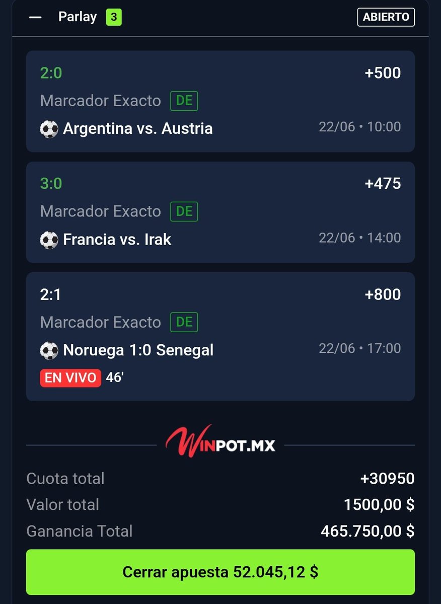 ChapitoApuestas's tweet photo. El Parlay de Marcadores Exactos que compartí en mi GRUPO MUNDIAL 🤯 !!

Argentina 🇦🇷 2-0 🇦🇹Austria ✅️
Francia 🇫🇷3-0 🇮🇶 Irak ✅️

¿Piensan que hay Oportunidad de Ganarlo?🔥

Si lo Ganamos, Regalaré Transferencias a TODOS los Chingones que Comenten🗨 con su buena vibra ❤️!! https://t.co/GGt4Y05in3