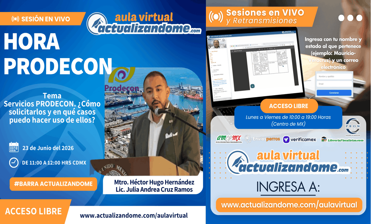 CTI_actualiza's tweet photo. 🆓 #AccesoLibre MARTES 23 DE JUNIO 2026 - #videoconferencia "Servicios #PRODECON. ¿Cómo solicitarlos y en qué casos puede hacer uso de ellos?" - por la #BarraActualizandome -> https://t.co/yJJZc8U0tE

#contadoresmexico https://t.co/z4iRxGwjs8