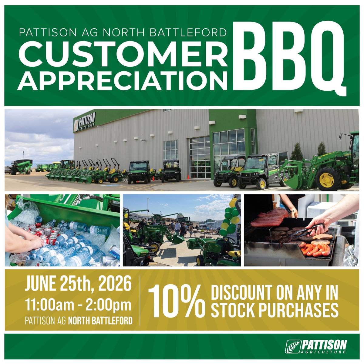 PattisonAg's tweet photo. Don't forget! 🚨

🍔Customer Appreciation BBQ
📍North Battleford, SK
📆June 25th, 2026
🕒11:00AM - 2:00PM

10% discount on any in-stock purchases! See you soon!

🔗https://t.co/GRqTFZqGUi

#PattisonAg #CustomerAppreciationBBQ https://t.co/HQmGrUunzJ