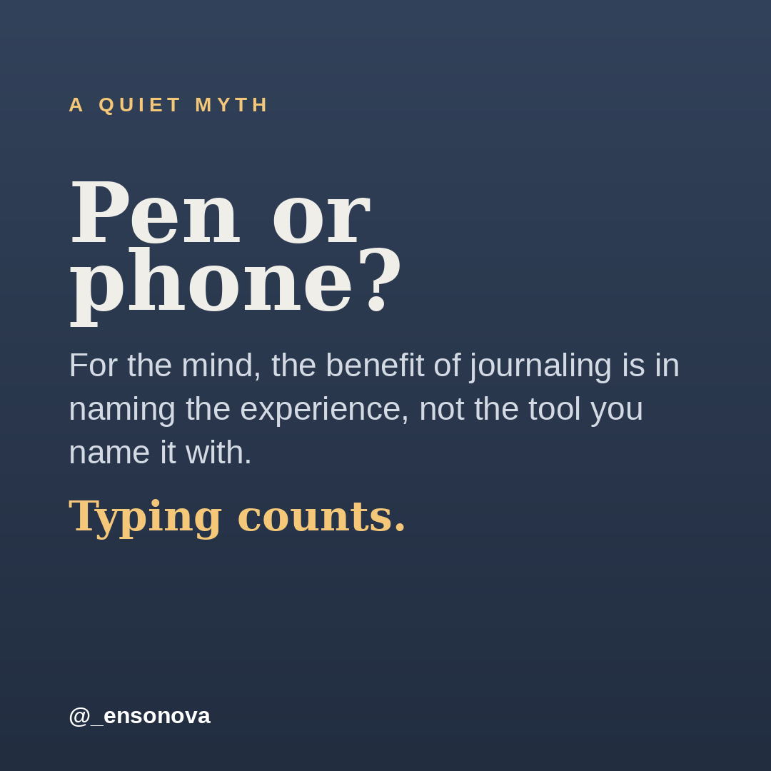 _ensonova's tweet photo. Pen or phone? 
People romanticize the leather notebook, but the part of journaling that changes you is not the paper. It is the act of turning a vague feeling into specific words. Naming what is going on quiets the alarm and hands the moment back to the thinking part of your brain. That works whether you write longhand or thumb it into a notes app on the train. 
So if buying the perfect journal is the thing stopping you, skip it. Open whatever is already in your hand and name one true thing. 
The tool was never the point.