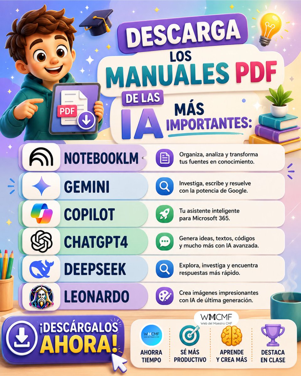 cmf_w's tweet photo. 👨‍🏫 Maestro, descargue los 📘 Manuales PDF de las 🤖 IA más importantes: NotebookLM, Gemini, Copilot, ChatGPT-4, DeepSeek y Leonardo. 📥 Enlace de descarga: https://t.co/r5W72KmvgP https://t.co/4iVZ5ofqwG