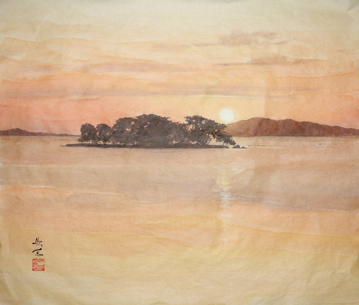 Kingyo_art's tweet photo. 『宍道湖 嫁ヶ島』本紙 尺八横

ここも行ったことのない場所、依頼されて描いただけです。けど、キレイな所ですね。

#drawing #art #illustration #landscapepainting #lakeshinji #sunset #japan #宍道湖 #嫁ヶ島 #風景画 #掛け軸 #アナログ絵 #日本画 #絵画 https://t.co/JTABAvLmd9