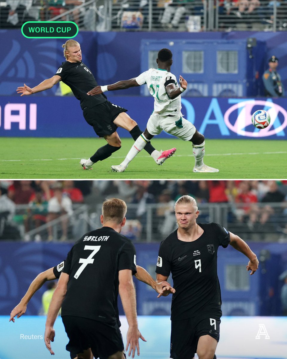 TheAthleticFC's tweet photo. Erling Haaland has taken to the World Cup like a duck to water.

The Manchester City forward applies an expert finish to Martin Odegaard's perfectly-weighted pass, doubling Norway's lead against Senegal and taking his tally for his country to 58 goals.

He has scored in Norway's last 12 matches.