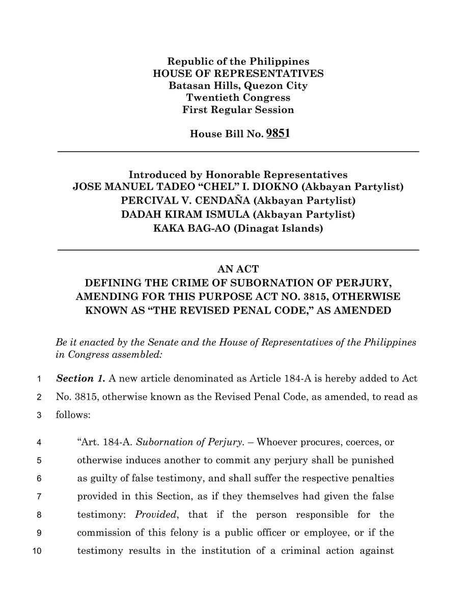 pmlvsqz's tweet photo. 𝗕𝗔𝗦𝗔𝗛𝗜𝗡: Inihain ni Akbayan PL Rep. @ChelDiokno ang House Bill 9851 na layong patawan ng criminal penalties ang mga indibiduwal na nagbabayad, pumipilit, o nag-uudyok sa ibang gumawa ng perjury. @DZMMTeleRadyo https://t.co/wfVOD1Am2c