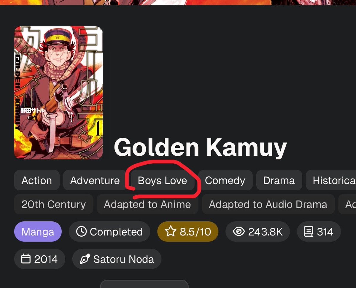 vote4qoi's tweet photo. now hold on why is the boys love tag on golden kamuy on atsumaru https://t.co/k7TxIyoibU
