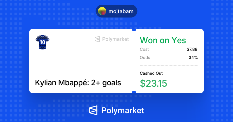 Mojit121's tweet photo. winning on @Polymarket just feels different to be frank.

thankyou Kylian Mbappe for this clean 2 goal 
good ending for tonight.

gn Polymarket fam.

$POLY ticker gonna change lives.😁😉
iykyk🤑

haven't joined yet?
hop on Now!
https://t.co/G4wdQMSOHA https://t.co/VKyu0Gd568
