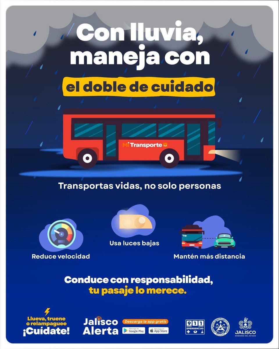 TransporteJal's tweet photo. 🚍 La lluvia cambia las condiciones del camino, por eso es importante extremar precauciones en cada trayecto.

Conduce con responsabilidad, respeta los límites de velocidad y mantén una distancia segura, recuerda que llevas pasaje. https://t.co/rpkhKRXvzR