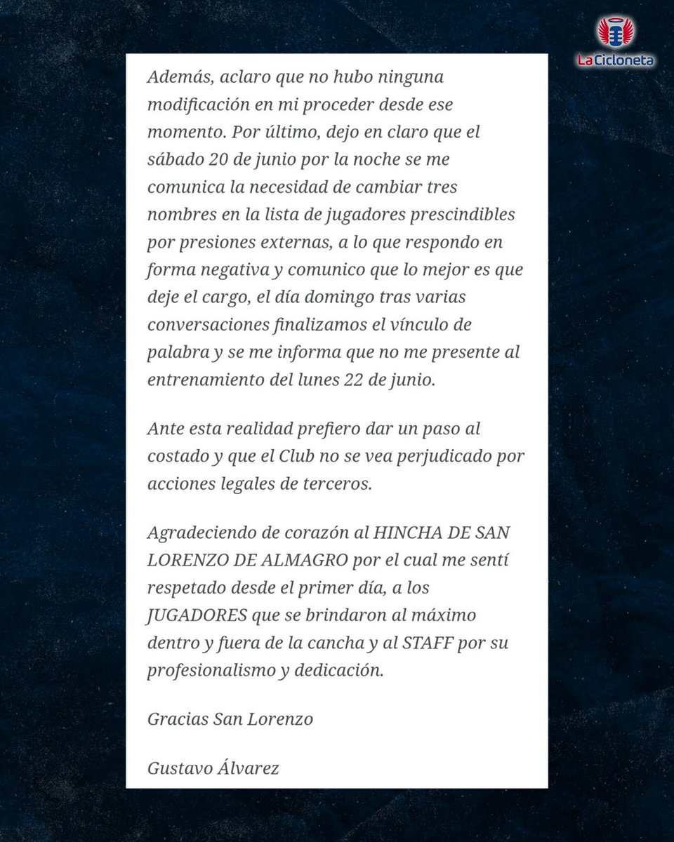 lacicloneta's tweet photo. 🔵🔴🚨 LA DESPEDIDA DE GUSTAVO ÁLVAREZ

‼️ Tras dejar de ser el entrenador de #SanLorenzo, Gustavo Álvarez realizó este comunicado sobre su salida del club.

🤔 ¿Qué pensás? https://t.co/7OmS8FzeSm