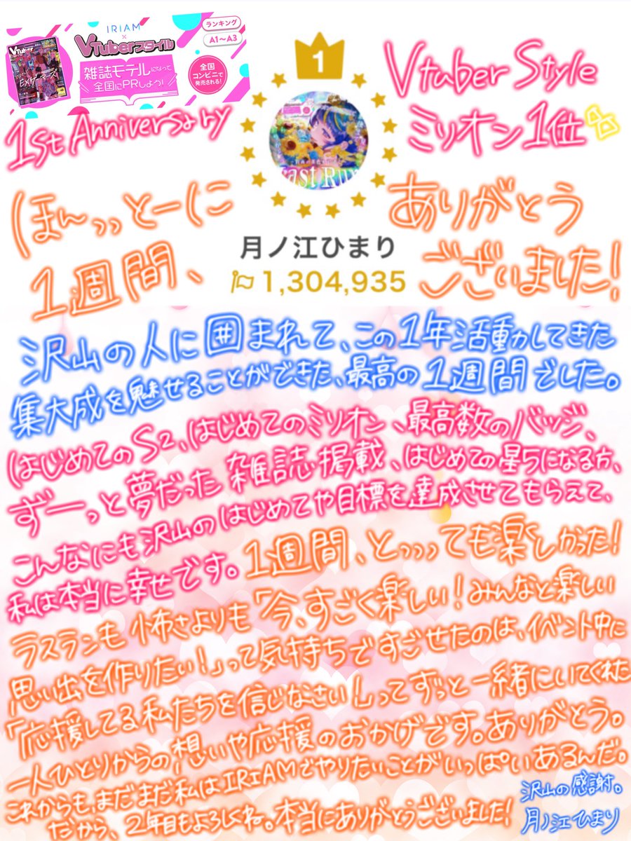 Tsukinoe_Himari's tweet photo. 👑Vtuberスタイル1位🥇👑

活動した一年の繋がりや、出逢った方が応援してくれたり、ずっと私のそばに居てくれた自慢のファンからいっぱいの愛を頂いた最高に幸せで楽しい一週間でした🌻
これからも私らしく、笑顔や幸せを届けます🌈
本当にありがとうございました✨

#IRIAMライバーさんと繋がりたい https://t.co/AkF0HXz0wW