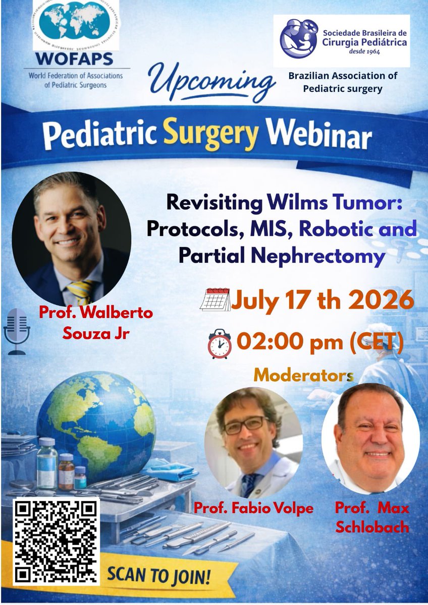 WOFAPS's tweet photo. WOFAPS Pediatric Surgical Webinar, organized in collaboration with the Brazilian Association of Pediatric Surgery (CIPE).

“Revisiting Wilms Tumor: Protocols, MIS, Robotic and Partial Nephrectomy”

https://t.co/DgT5k7j8tR

Meeting ID: 844 6790 7476 Passcode: 495030 https://t.co/rFeCXiCtjP