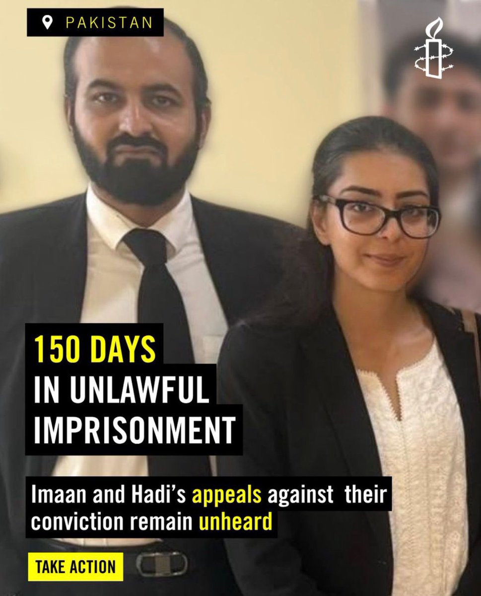 PTIOfficialCA's tweet photo. Human rights lawyer Imaan Mazari and her husband Hadi Chatta have now spent 150 days in unlawful imprisonment. Shockingly, their appeals against conviction still remain unheard.
When those who defend the law are denied justice, the entire legal system is compromised. Silence is not an option.
#releaseImanandhadi

#KhansIsolationIsACrime