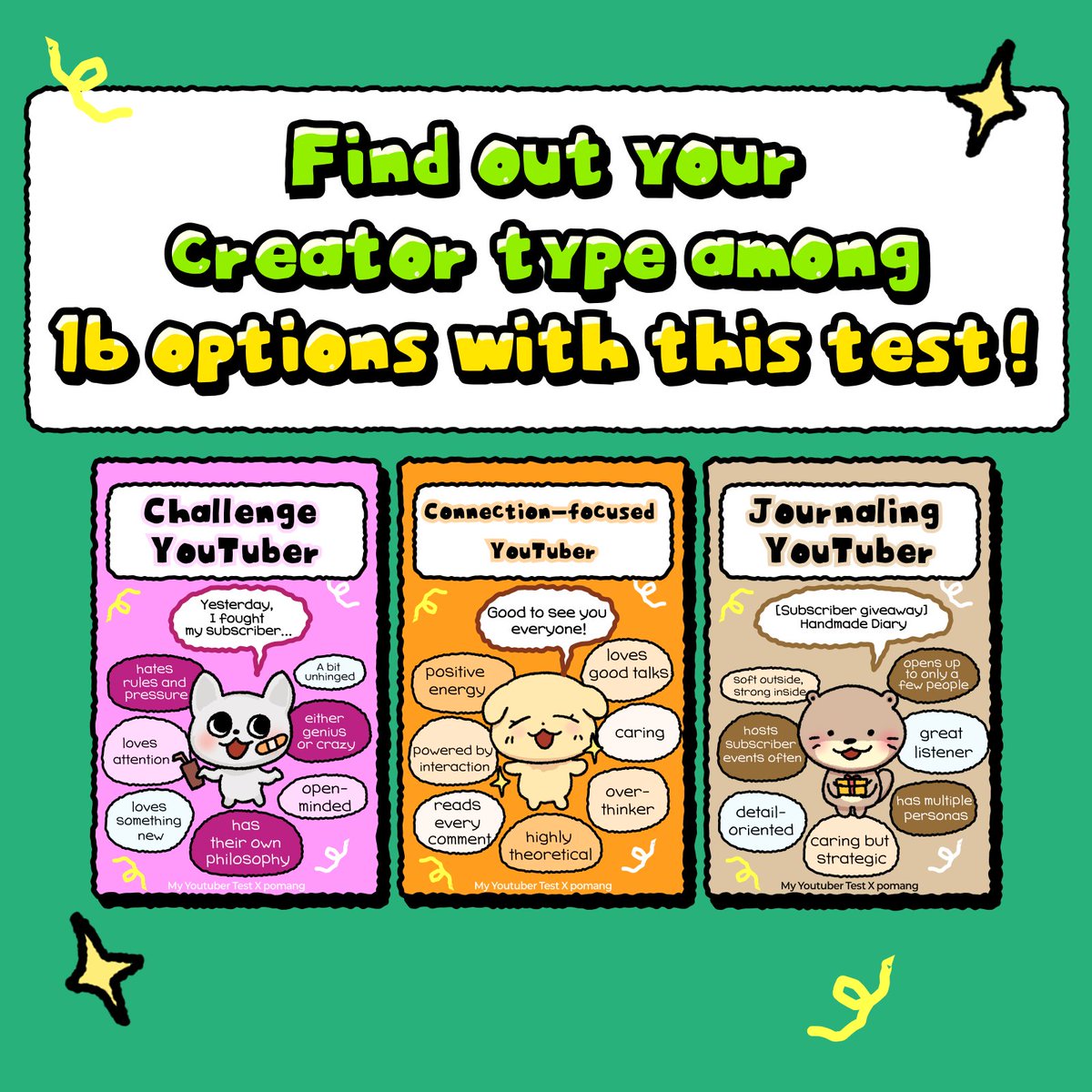 poomangofficial's tweet photo. The Ultimate Creator Type Masterlist 
(by MBTI) 📸✨

➡️Link:
ENFP: High-Energy Mukbang Creator ENFJ: Golden Retriever Talk Creator

ENTP: Dopamine-Addict Talk Creator ENTJ: Charismatic Edu-Creator

ESFP: Main Character Dance Creator ESFJ: Super Social Travel Creator

ESTP: Wild Card Challenge Creator ESTJ: That Girl/Boy Self-Care Creator

INFP: Cozy & Aesthetic ASMR Creator INFJ: Journaling Aesthetic Creator

INTP: Big Brain Gaming Creator INTJ: Mastermind Knowledge Creator

ISFP: Creative Art Creator ISFJ: Homemade Cooking Creator

ISTP: Lowkey Charming Virtual Creator ISTJ: Analytical Finance Creator

Which creator vibe fits you? ✨
https://t.co/DmmYMTjiEG

👇More fun tests available now!
https://t.co/qxWdbtunAd

(P.S. Share your result in the thread ⬇️)