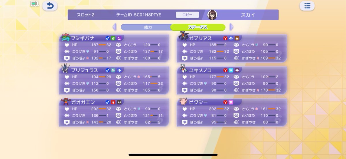 Poke_Sky39's tweet photo. 構築解体するので公開します！
16連勝できる構築で強いと思います（）

ブリジュラスとガブリアスは選出率100%
ラグラージ軸とメタグロス軸ならフシギバナ、それ以外はユキメノコを投げてました

ピクシーは介護ムクホーク用です
シーズン終わりに記事書くと思います

＃ダブルバトル
#レンタルチーム https://t.co/XSpdubWNAE