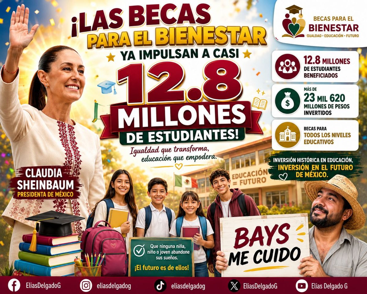 eltemagv's tweet photo. En México, el gobierno de Claudia Sheinbaum apoya a 12.8 MILLONES de estudiantes con becas universales.

Así, toda una generación de mexicanos permanece en los salones de clases, lejos de los vicios y de las tentaciones que ofrece el crimen organizado.

Vamos por buen camino 🇲🇽
#ClaudiaLiderMundial