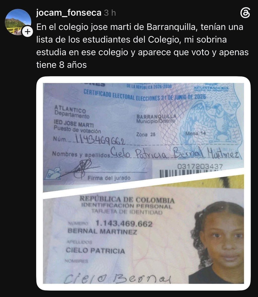 yapaqui's tweet photo. @MafeCarrascal @doctorcruz2021A @petrogustavo @GustavoBolivar @MafeCarrascal  mira pusieron a votar menores de edad! https://t.co/bJHqod61rQ