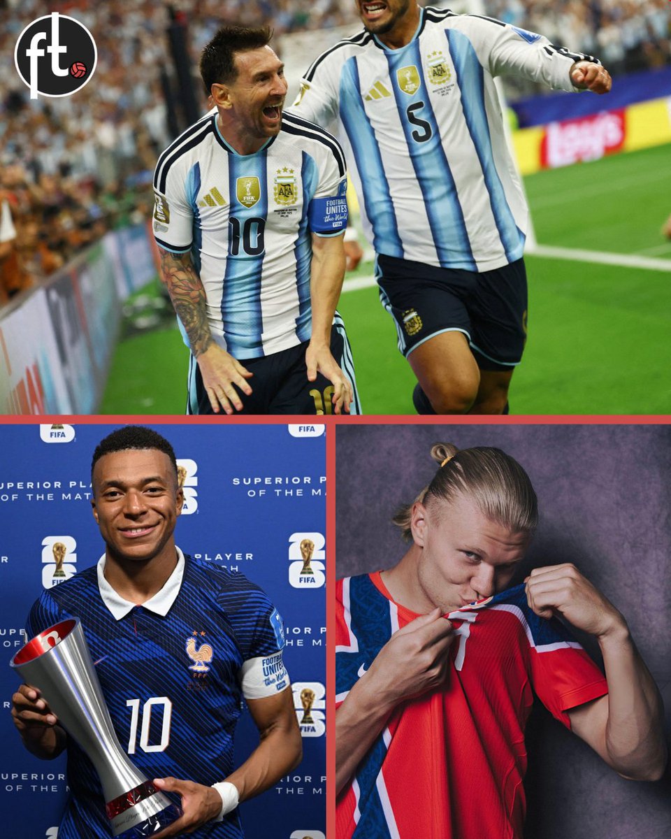 Footballtweet's tweet photo. 🇦🇷 Leo Messi: 
First match against Algeria: HAT-TRICK ⚽️⚽️⚽️  
Second match against Austria: BRACE ⚽️⚽️ 

🇫🇷 Kylian Mbappé:
First match against Senegal: BRACE ⚽️⚽️
Second match against Iraq: BRACE ⚽️⚽️

🇳🇴 Erling Haaland:
First match against Iraq: BRACE ⚽️⚽️
Second match against Senegal: BRACE ⚽️⚽️

These three continue to delight at the World Cup. 🔥🔥🔥