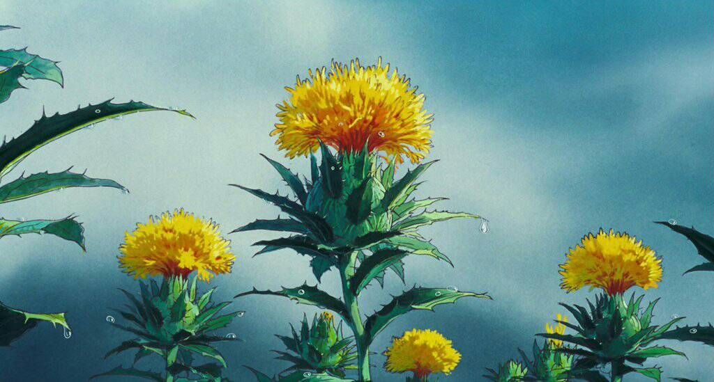 gen_ghibli's tweet photo. #EscenariosGhibli El cultivo del cártamo, en 'Recuerdos del ayer' (Isao Takahata, 1991). https://t.co/9zeHYww6Tt