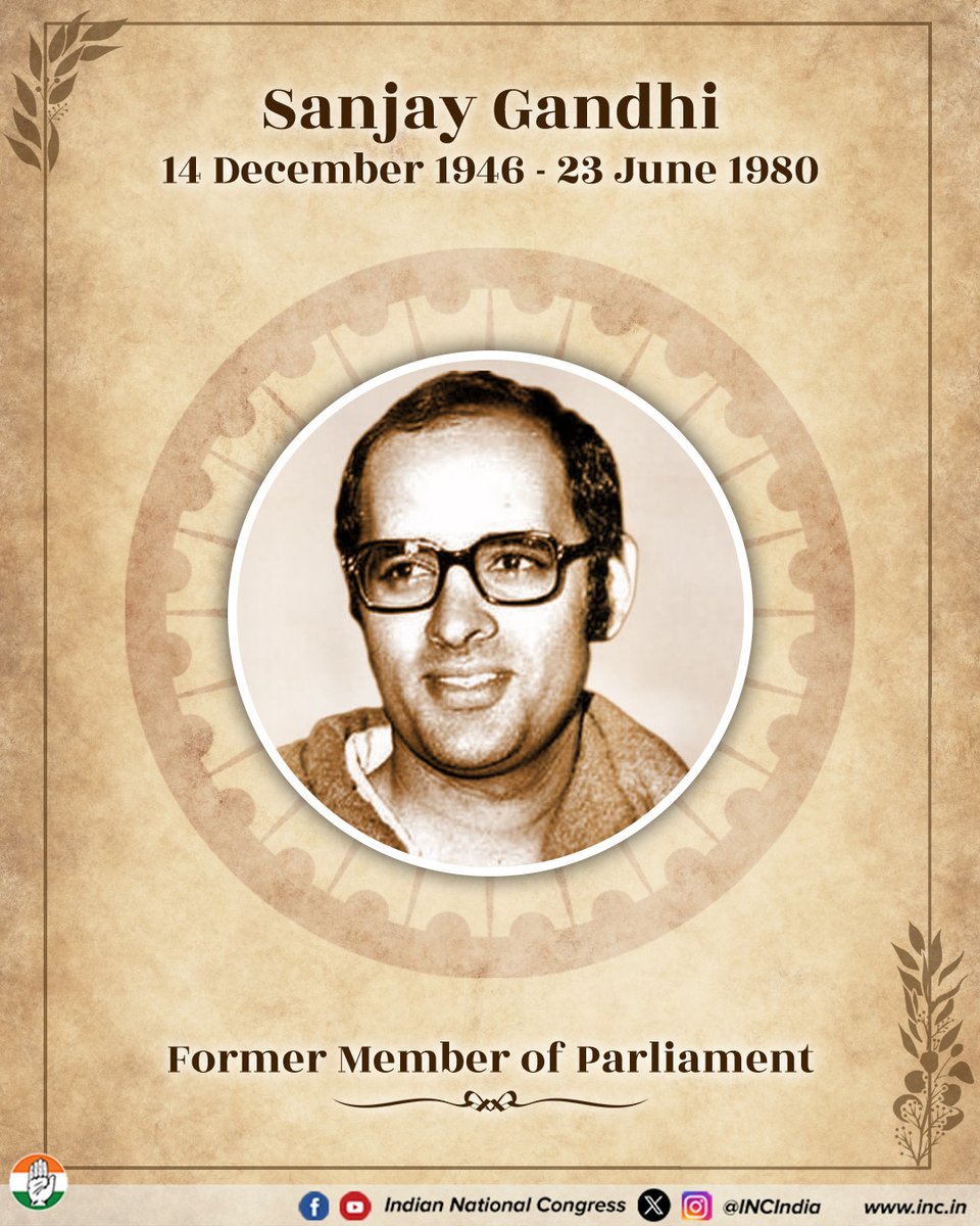 INCSCDeptGuj's tweet photo. Tributes to former Member of Parliament Sanjay Gandhi on his death anniversary.

His commitment to public service and efforts to connect the youth with nation-building will always be remembered. 

Respectful homage to his memory. https://t.co/P6j7yTDh4f