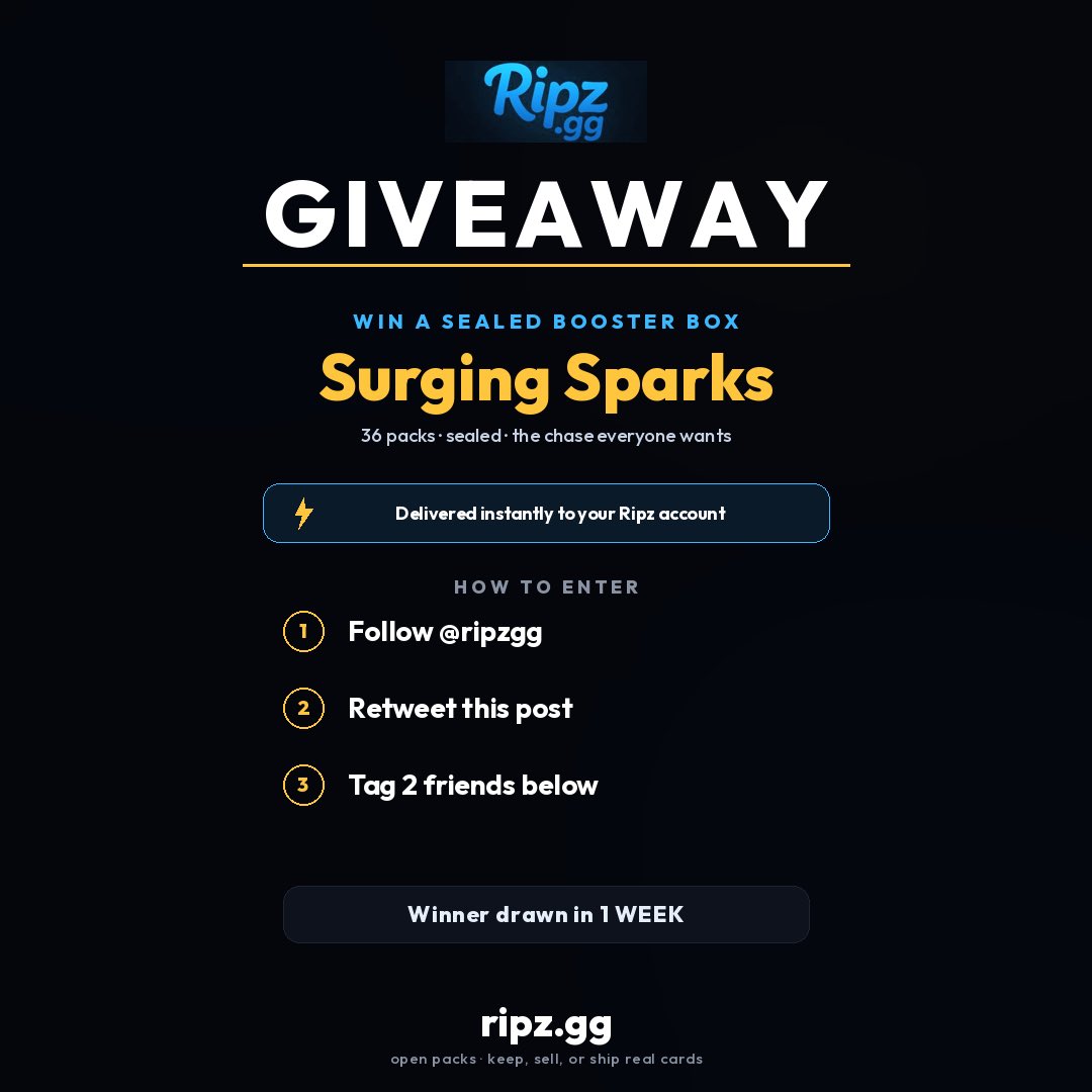 RipzGG's tweet photo. 🎁 GIVEAWAY 🎁

We're giving away a Surging Sparks booster box 🔥

To enter: ✅ Follow @ripzgg 🔁 Retweet 👥 Tag 2 friends

Winner picked in 1 week — prize dropped straight into your Ripz account, rip it live on https://t.co/M91s1VUzfm ⚡

GO 👇 https://t.co/ECYfbuwDXj