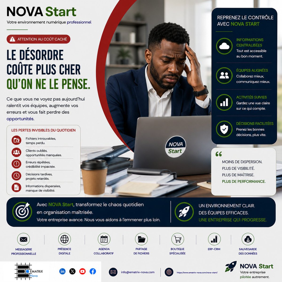 ematrix_nova's tweet photo. Le désordre a un coût. ⚠️

Un fichier perdu.
Un client oublié.
Une décision retardée.

Petit à petit, ça devient :

⏳ du temps perdu
📉 moins d’efficacité
❌ des opportunités manquées

Avec NOVA Start, organisez le chaos.

🚀 Votre entreprise pilotée autrement.

#NOVAStart #PME https://t.co/Ywif0uYuL7