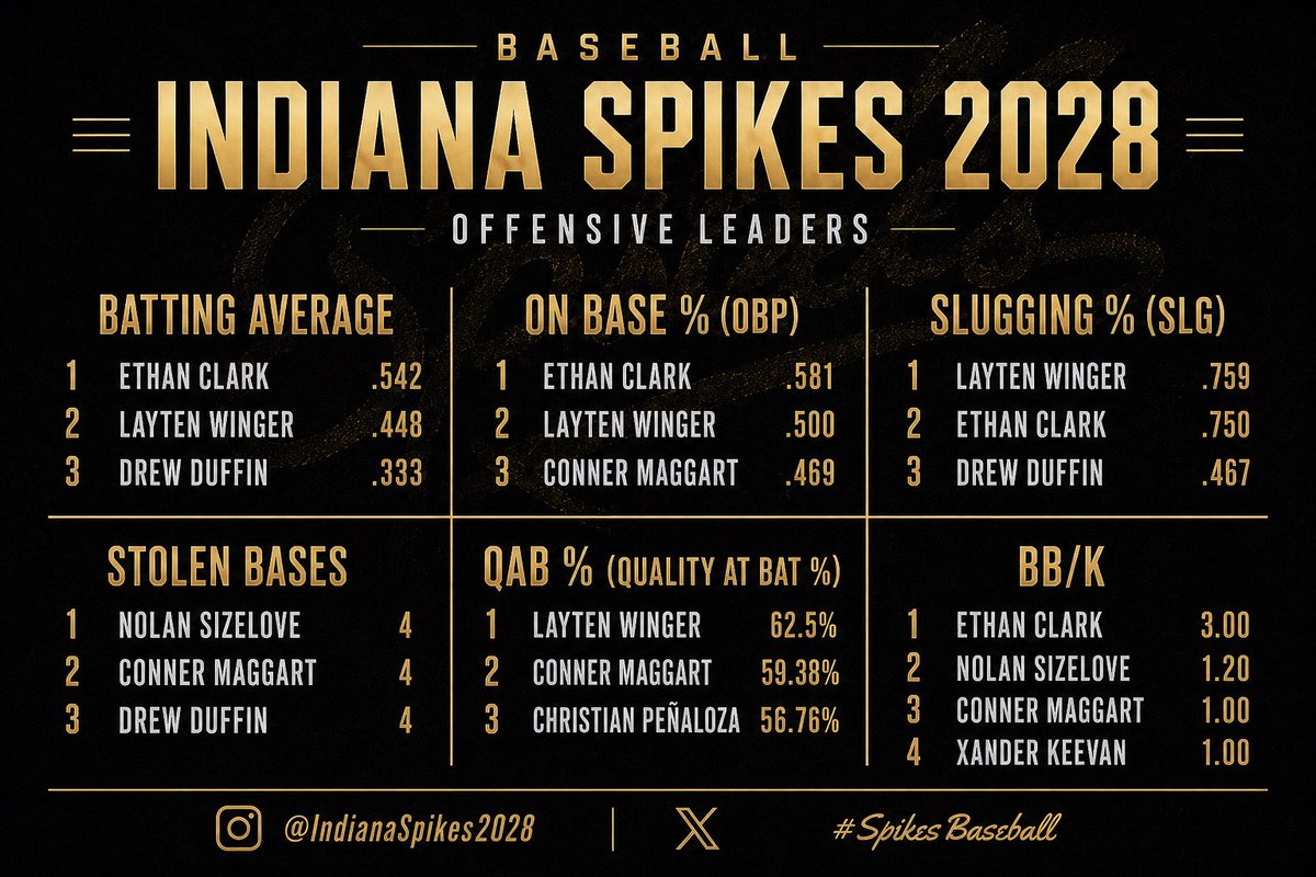 Spikes2028's tweet photo. Indiana Spikes offensive leaders through 2 tournaments and an 8-3 record. #SpikesBaseball https://t.co/2ZAOx8aKHa