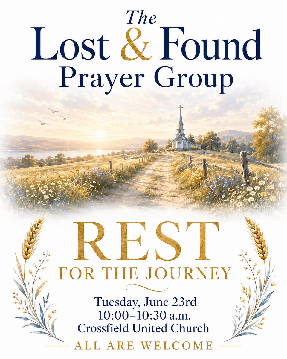 crossfielduc's tweet photo. The Lost &amp; Found Prayer Group will be gathering for our last meeting of the season before we pause for the summer. Join us at 10am! 🙏🏻 ✨ 

#PrayerGroup #LostAndFoundPrayerGroup #RestForTheJourney #AllAreWelcome #CrossfieldUnitedChurch https://t.co/EoneyaJyx6