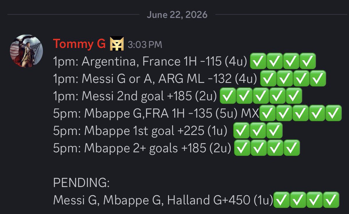 TommygWinsAgain's tweet photo. UPDATING A PREVIOUS REPORT!!!

CASH MBAPPEE 2 GOALS ✅✅✅
CASH THE +450 GOAL PARLAY ✅✅✅

#Fagg0tBallJesus #TommyToes https://t.co/TN6hwtxC4M