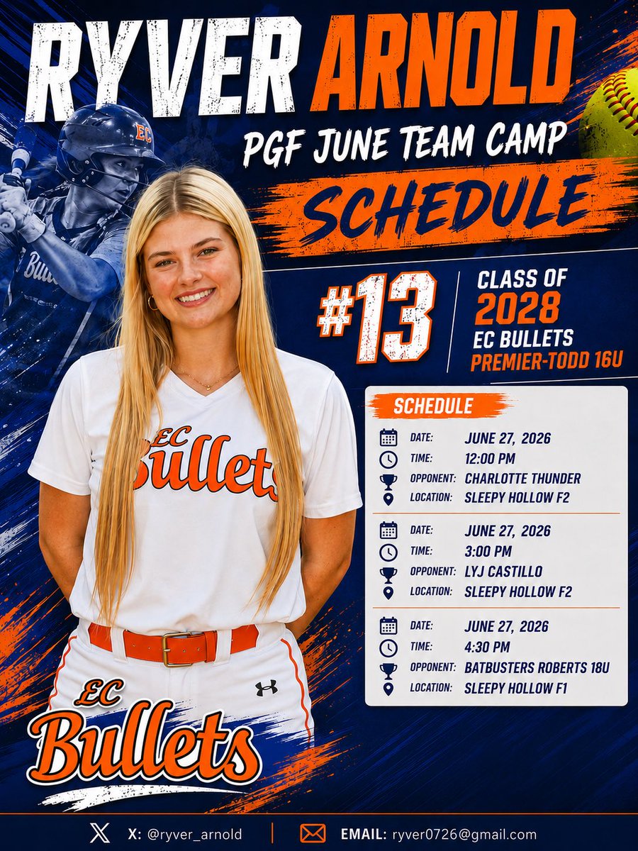ryver_arnold's tweet photo. Here’s my teams schedule for PGF June Team Camp!! Can’t wait for this opportunity to make connections and show off my skills!
#Jesuslovesyou #GlorytoGod #TrusttheProcess #classof2028 

@ecbtodd69606 @CoachClayTodd @60formeLYJ @flpgfmedia @LineDsoftball @ExtraInningSB @PGFnetwork @SaintLeoSB @DBCUSoftball @FAUSoftball @CoachJordanFAU @CoachPetikS @EKinberger @Zcarv_1 @JAX_CoachE @HolliMitchell8 @blakely_cheek