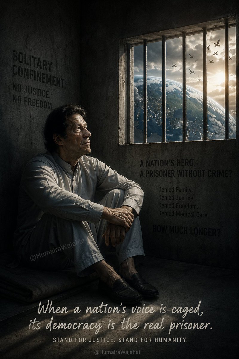HumairaWajahat's tweet photo. While governments often place strategic interests above human rights, and the world is distracted by other crises, that does not change a basic principle: every prisoner deserves access to family, legal counsel, and proper medical care.

As Pakistan's most popular political leader Imran Khan remains imprisoned under conditions unjust and degrading, the country's reputation continues to suffer. A nation cannot claim democratic values while a national hero is denied rights that should be guaranteed to every citizen.

History remembers not only how leaders were treated, but how nations treated those who challenged tyrannical power.