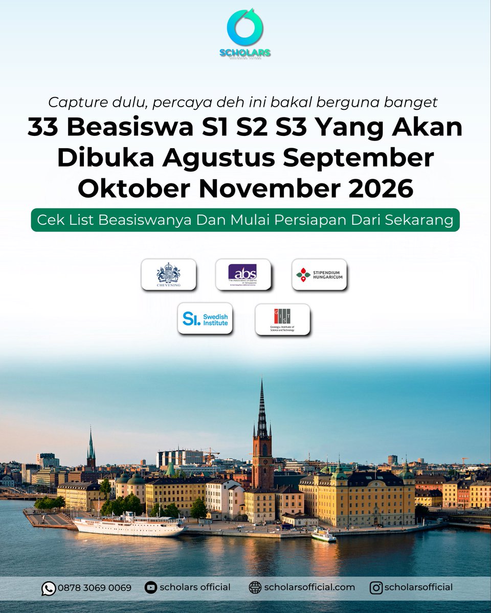 scholars_ig's tweet photo. Capture dulu, percaya deh ini bakal berguna banget! 📌
33 beasiswa S1, S2, dan S3 yang diprediksi dibuka pada Agustus, September, Oktober, hingga November 2026 sudah ada di daftar ini. Jangan cuma disimpan, mulai siapkan dokumen, tingkatkan profil, dan susun strategi https://t.co/XTIX0JHjY3