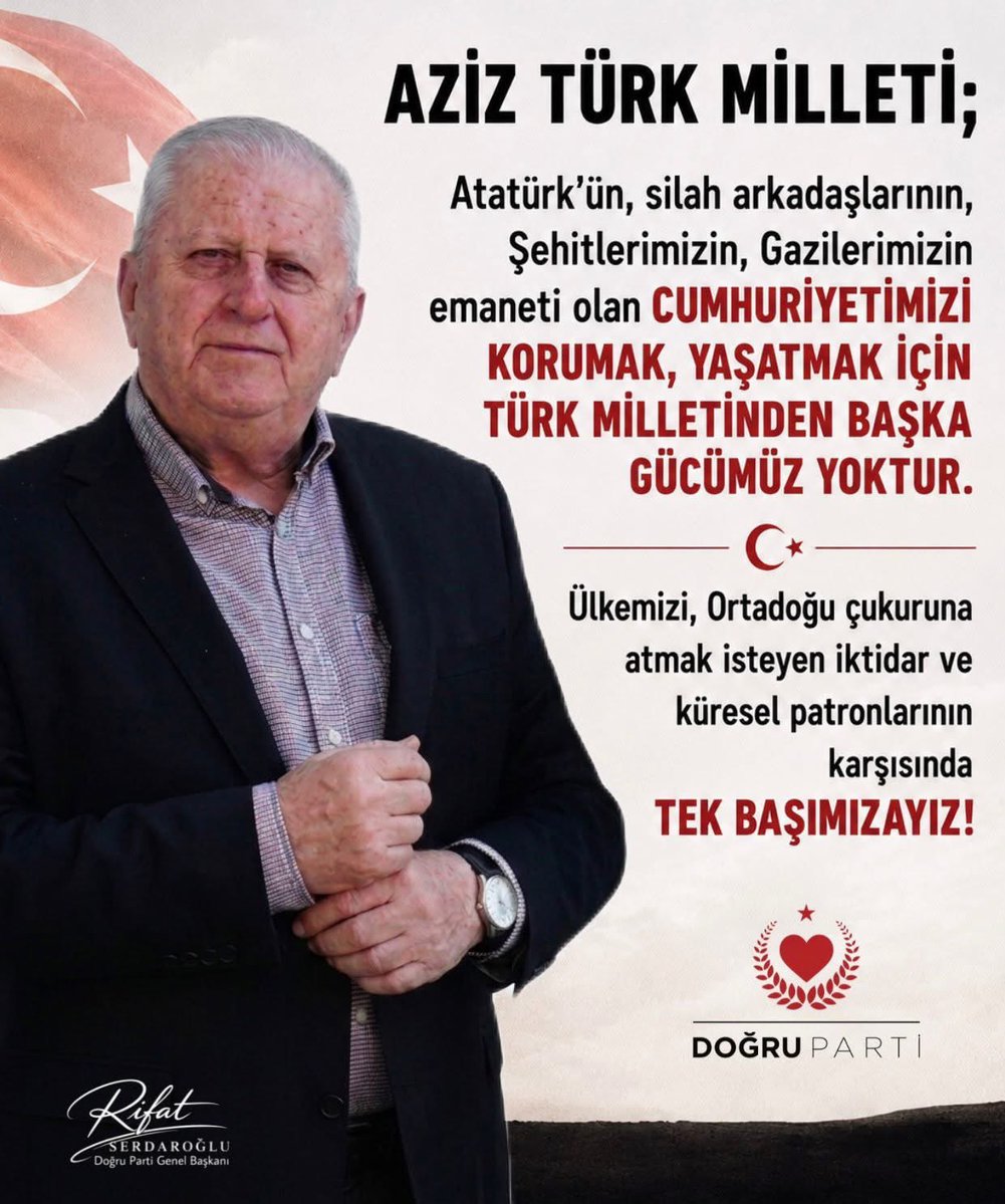 hookumus's tweet photo. TÜRK MİLLETİNE AÇIK MEKTUP
Türk Devletinin geleceğini belirleyecek kara günlere gelmek üzereyiz. Tıpkı Atatürk’ün 27 Aralık’ta Ankara’ya geldiği “Kızılcagün” gibi. Yıllardır, tedbir alınmazsa bu günlerin geleceğini söyledik, çözüm yolları önerdik!
Artık şunu çok iyi anlamamız şarttır!
Emperyalist Devletlere yani “Küresel Eşkıyalara” İktidarı dizayn etme fırsatını verirseniz, onlar da muhalefeti İhanete teşne pislikleri kullanarak
kendilerine göre düzenlerler!
Türk Milleti olarak “Muhalefet Partileri nasılsa Cumhuriyete ve Demokrasiye sahip çıkar” diye düşünürken, en büyük ihanetin muhalefetten geldiğini görürsünüz!
İktidar AKP ve açık-gizli ortakları MHP-HÜDA PAR (Hizbullah)- DEM (PKK) tamamı, ABD-İSRAİL tarafından rehin alınmış durumdadır. Bunların alacağı her karar her eylem Türk Milletinin aleyhinedir!
Ana Muhalefet CHP ise, Saray’ın ayak oyunları ve Saray Yargısının darbesi sonucu, kendisini koruyacak tedbirleri alamamış, kendilerine verilen tavsiyeleri de dinlemeyerek şimdilik iki parçaya ayrılmış durumdadır.
Diğer bazı muhalefet partileri de, tıpkı Sinan Ogan rezaletinde olduğu gibi, sıkıştıklarında koşa koşa Sarayın yanında konumlanacaklardır.
Aziz Türk Milleti;
Atatürk’ün, silah arkadaşlarının, Şehitlerimizin, Gazilerimizin emaneti olan Cumhuriyetimizi korumak, yaşatmak için Türk Milletinden başka gücümüz yoktur. Ülkemizi, Ortadoğu çukuruna atmak isteyen iktidar ve küresel patronlarının karşısında tek başımızayız!
Bu gerçeği, herhangi bir çekinme-korku ifadesi olarak yazmıyoruz. Bilakis, 
Türk Milleti olarak Cumhuriyette, Demokraside, Atatürk’te birleşince, Türkiye’nin en büyük gücü olacağımızı bilmemizin, Anayasal çerçevede yapacağımız tüm eylemlerimizin önünde kimsenin duramayacağını belirtmek için yazdım.
İktidarın AKP-MHP-HİZBULLAH-DEM PKK suç örgütünün, Türk Milletine nasıl baktıklarını, HİÇ UNUTMAMANIZ ricasıyla aktarmak istiyorum!
Sapık bir Tarikat Şeyhi, 6 (ALTI) yaşındaki öz kızını 29 yaşındaki bir adama
EŞ olarak verince, yargılandı ve 18 Yıl 9 ay hapse mahkum oldu.
Bu sapık sözde “Sağlık nedeniyle” CB Erdoğan tarafından serbest bırakıldı!
Sapık, tahliye olunca, yüzlerce arabalık konvoy ve binlerce tarikat müridi tarafından karşılandı, evine götürüldü! Polis, yolunu açtı ve onu korudu!
Aynı anda Anayasal Hakları olan “HAK MÜCADELESİ” veren Kadın Öğretmenlerimiz açlık grevine başladılar. Polis orantısız güç kullanarak, kafa göz yararak, biber gazı kullanarak kadın öğretmenlerimizi hastanelik etti!
Bu iki tabloyu lütfen hep hatırlayın. Eğer Türk Milleti olarak kaderimize el koymazsak, hepimizin sonu Mollaların ve Polis Devletinin elinden olacak!
Sağlık ve başarı dileklerimle 23 Haziran 2026
Rifat Serdaroğlu
DOĞRU Parti Genel Başkanı